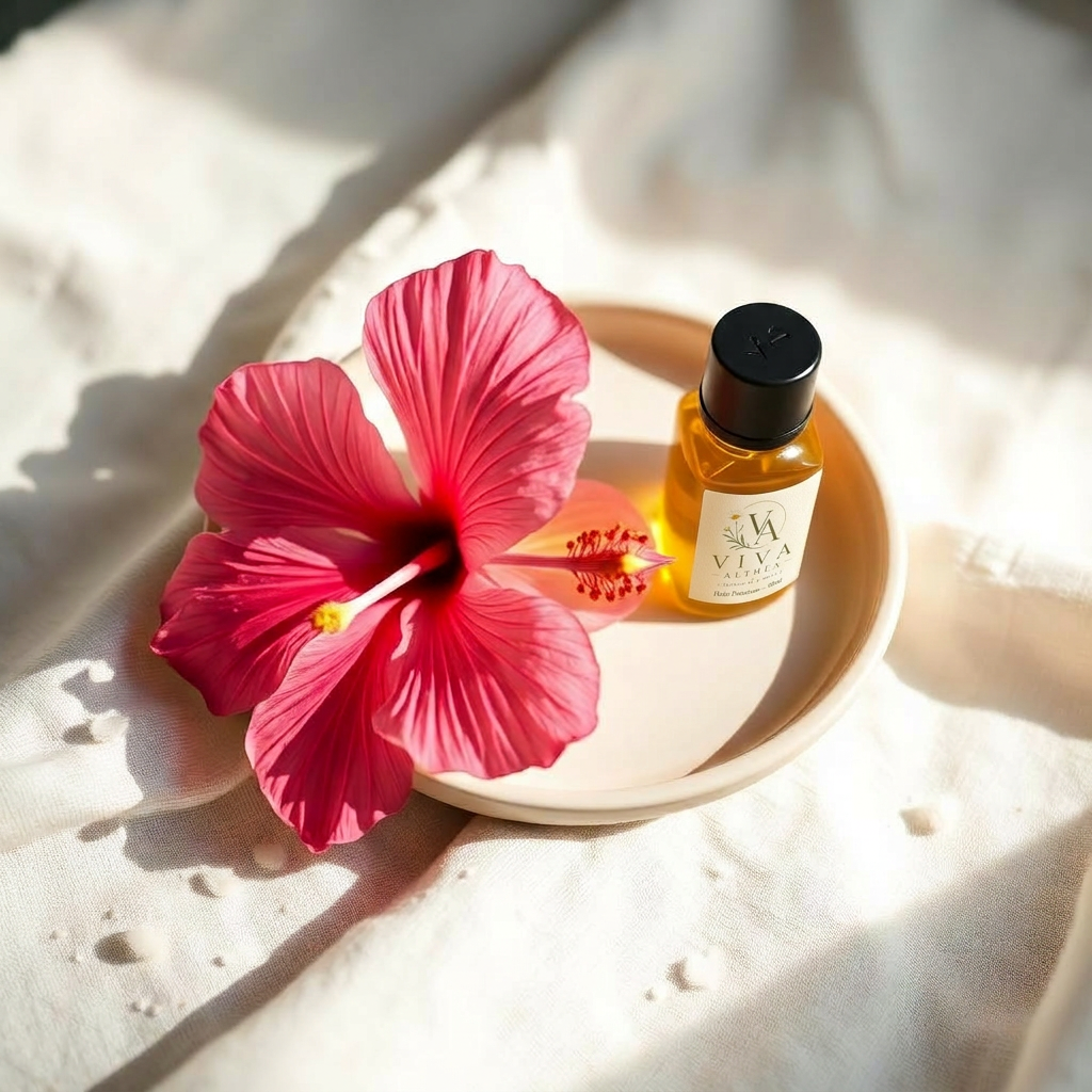 Fleur d'althéa rose et huile botanique sur lin naturel