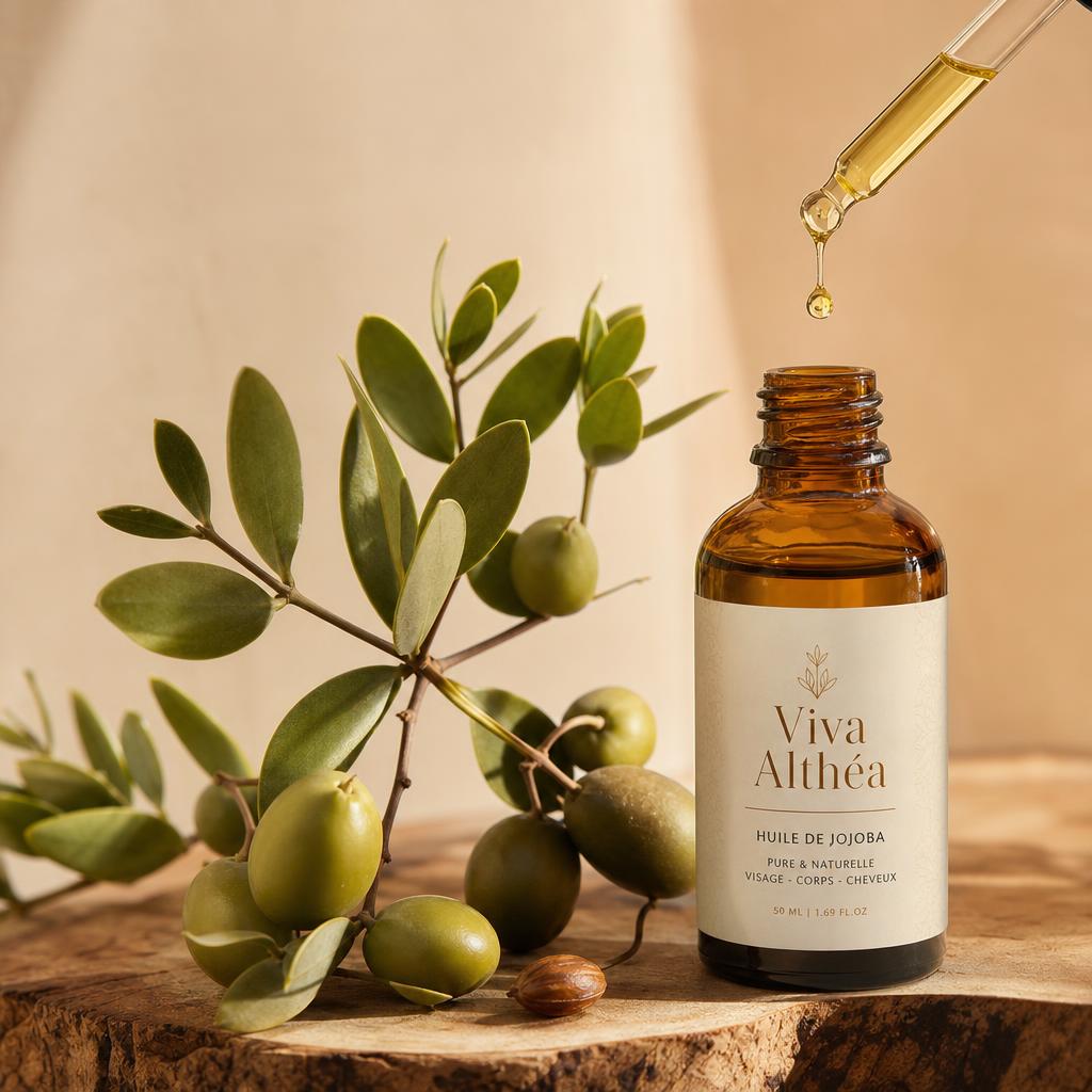 Flacon d'huile de jojoba Viva Althéa et pipette en verre sur une surface claire