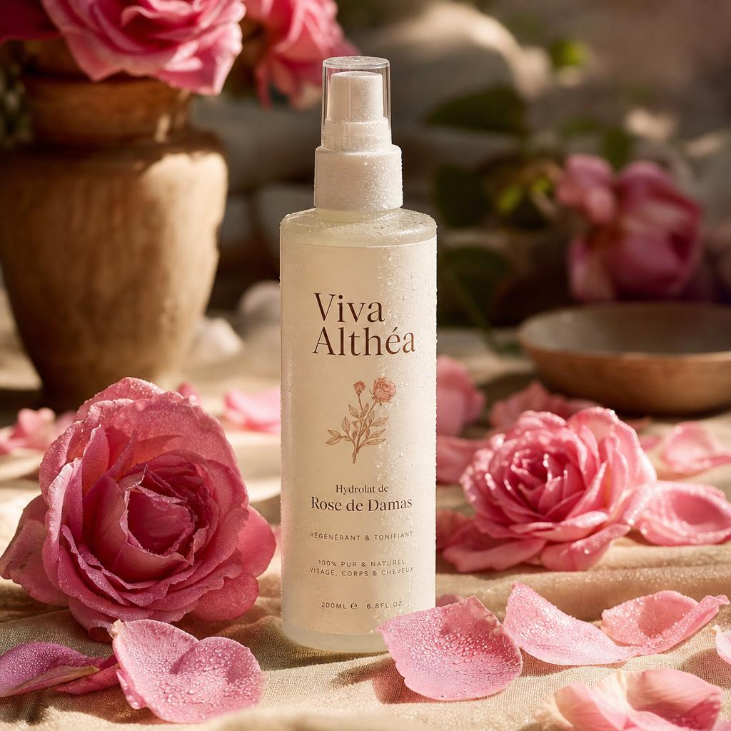 Flacon d'hydrolat de rose Viva Althéa posé sur un linge de lin, pétales de rose autour
